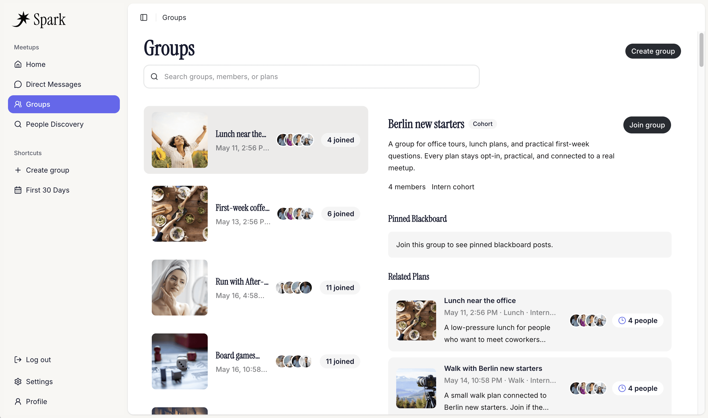 Spark groups page showing workplace meetup groups, member avatars, and related plans